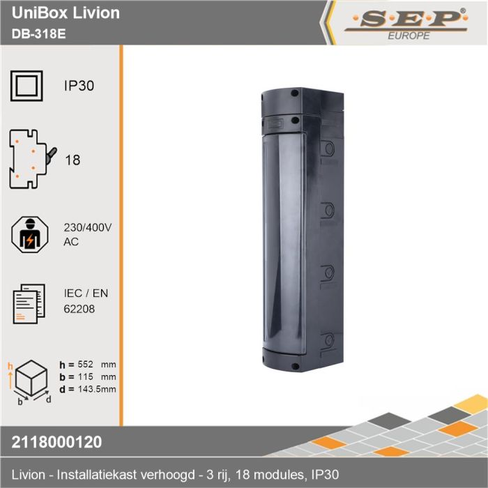 SEP Livion DB-318E verhoogde groepenkast met transparante deur en voorzien van technische gegevens