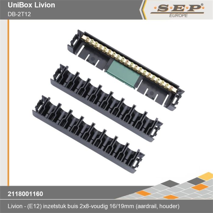 SEP DB-2T12 Livion inzetstuk buisinvoer 2×8 (16 invoeren) – compleet met aardrail en lasklem-montagehouder – 12 modulen - technische details