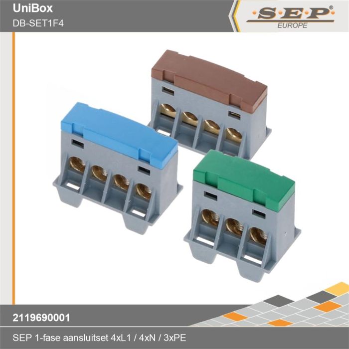 SEP Europe aftakblokset voor 1-fase verdelers, set L1-N-PE met bruine, blauwe en groene aansluitblokken – model DB-SET1F4 - details