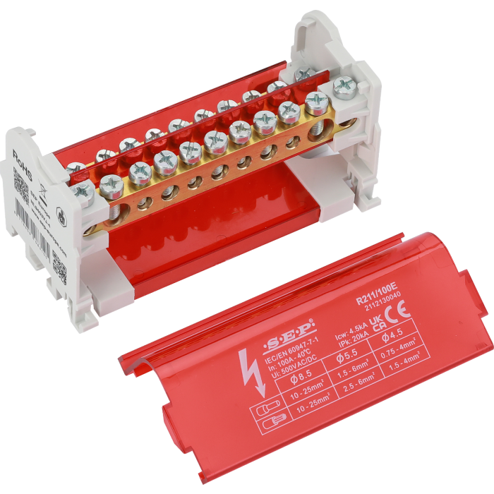 SEP Europe R211/100E verdeelblok 100A 2-polig – interne messing aansluitrail zichtbaar met rode kap verwijderd