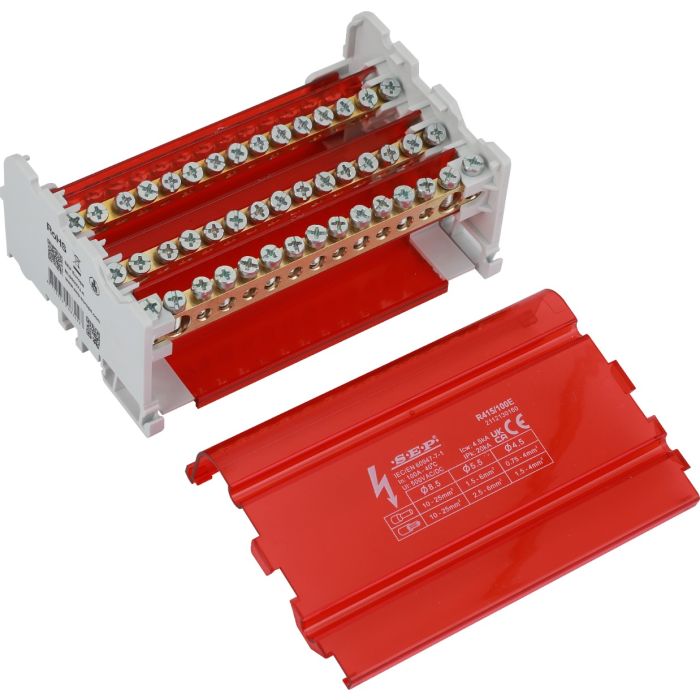 SEP Europe R415/100E verdeelblok 100A 4-polig – interne messing aansluitrail zichtbaar met rode kap verwijderd