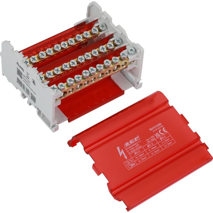 SEP Europe R411/125E verdeelblok 125A 4-polig – interne messing aansluitrail zichtbaar met rode kap verwijderd