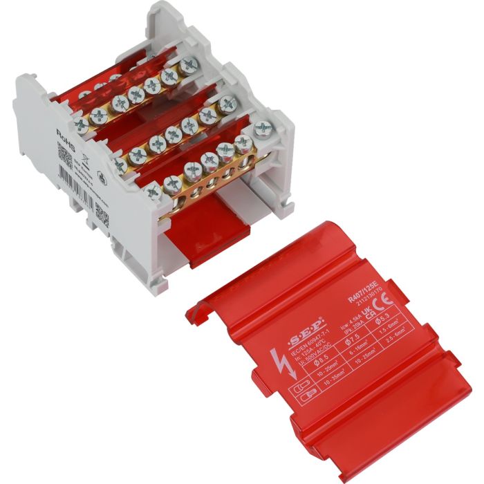 SEP Europe R407/125E verdeelblok 125A 4-polig – interne messing aansluitrail zichtbaar met rode kap verwijderd
