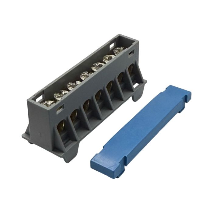 SEP AST16-72 verdeelblok 7x16mm² blauw (RAL 5015) met afdekking – faseverdeelblok voor TS15-rail