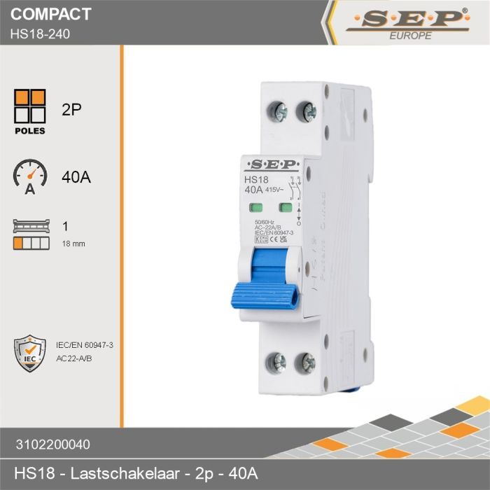 SEP Europe HS18-225 lastschakelaar 2P 25A met technische specificaties