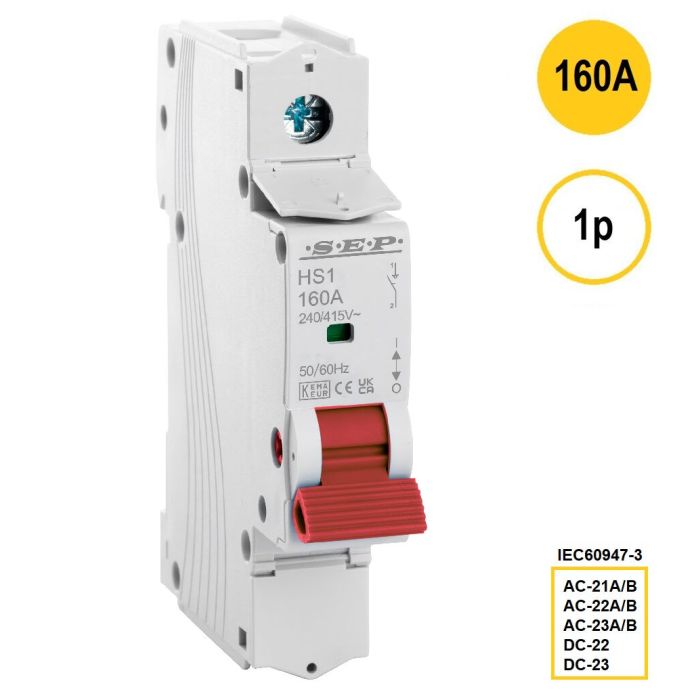 1-polige hoofdschakelaar SEP HS1-1160 (160A) met rode bedieningshendel – artikelnummer 3110000070, EAN 8718959028403 – classificaties AC-21A/B t/m AC-23A/B conform IEC 60947-3