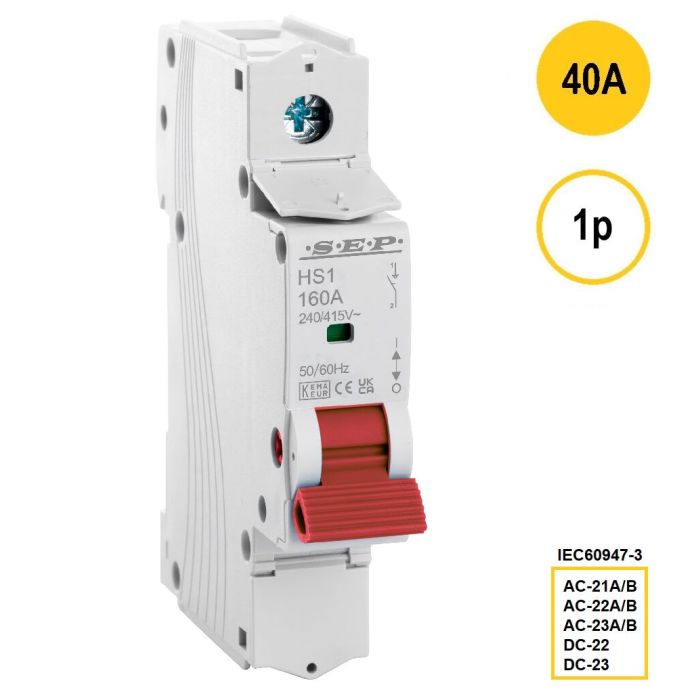 1-polige hoofdschakelaar SEP HS1-1040 (40A) met rode bedieningshendel – artikelnummer 3110000020, EAN 8718959028359 – classificaties AC-21A/B t/m AC-23A/B conform IEC 60947-3