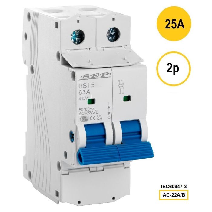 SEP HS1E-2025 lastschakelaar 2-polig 25A, 36mm, geschikt voor DIN-rail montage.