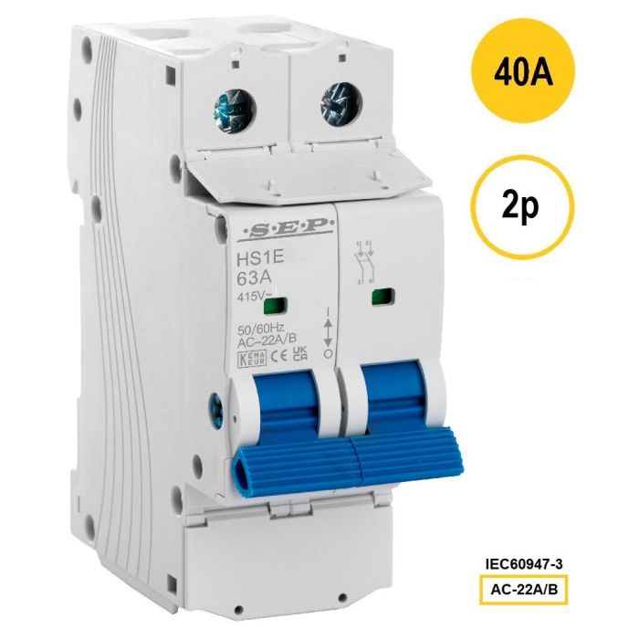 SEP HS1E-2040 lastschakelaar 2-polig 40A, 36mm, geschikt voor DIN-rail montage.