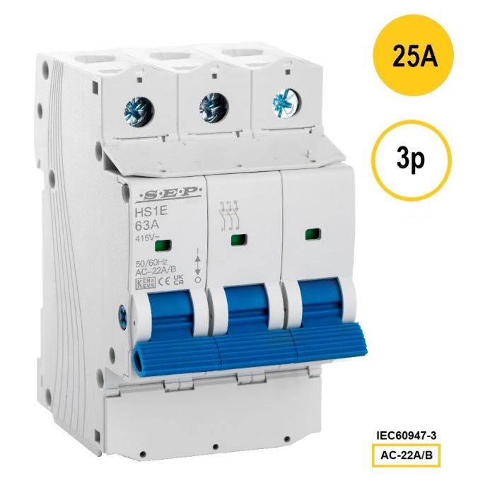 SEP HS1E-3025 lastschakelaar 3-polig 25A, 54mm, geschikt voor DIN-rail montage.