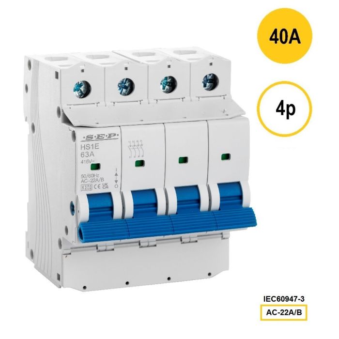 SEP HS1E-4040 lastschakelaar 4-polig 40A, 72mm, geschikt voor DIN-rail montage.