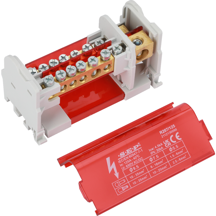 SEP Europe R207/125 verdeelblok 125A 2-polig – externe messing aansluitrail zichtbaar met rode kap verwijderd
