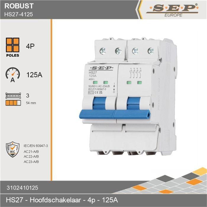 SEP Europe Robust HS27 4-polige hoofdschakelaar 125A AC-23A/B met blauwe bedieningshendel
