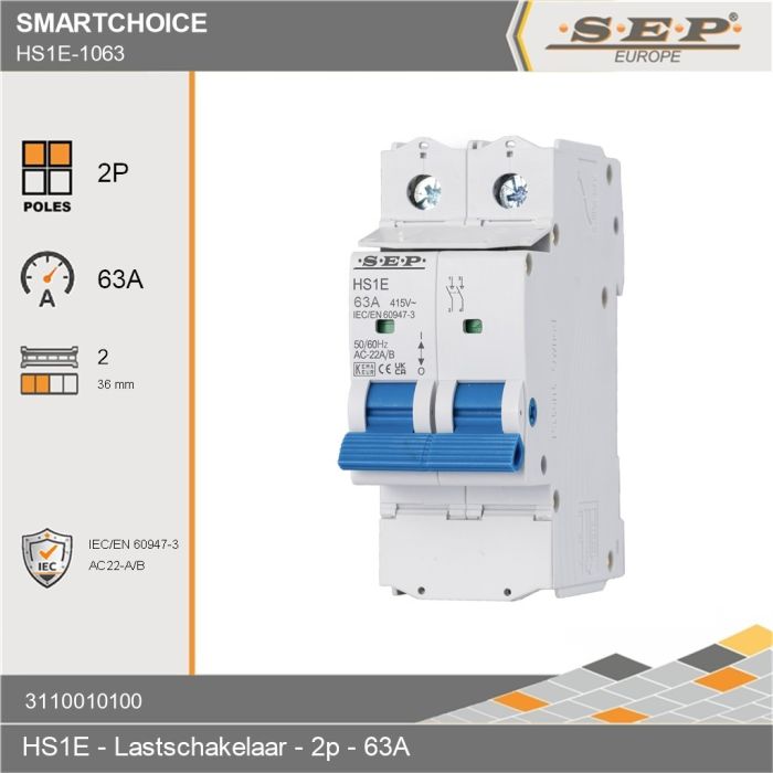 SEP Europe SmartChoise HS1E 2-polige hoofdschakelaar / lastschakelaar 63A met blauwe bedieningshendel