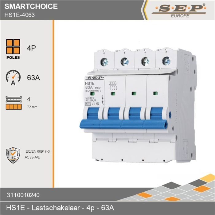 SEP Europe SmartChoise HS1E 4-polige hoofdschakelaar / lastschakelaar 63A met blauwe bedieningshendel