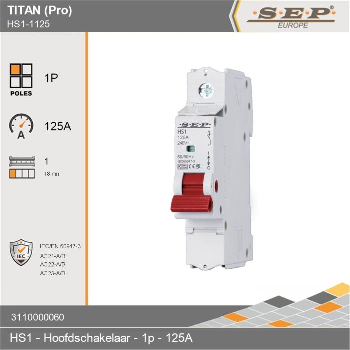 SEP Europe Titan (Pro) HS1 1-polige hoofdschakelaar 125A met rode bedieningshendel, 1 module (18 mm)