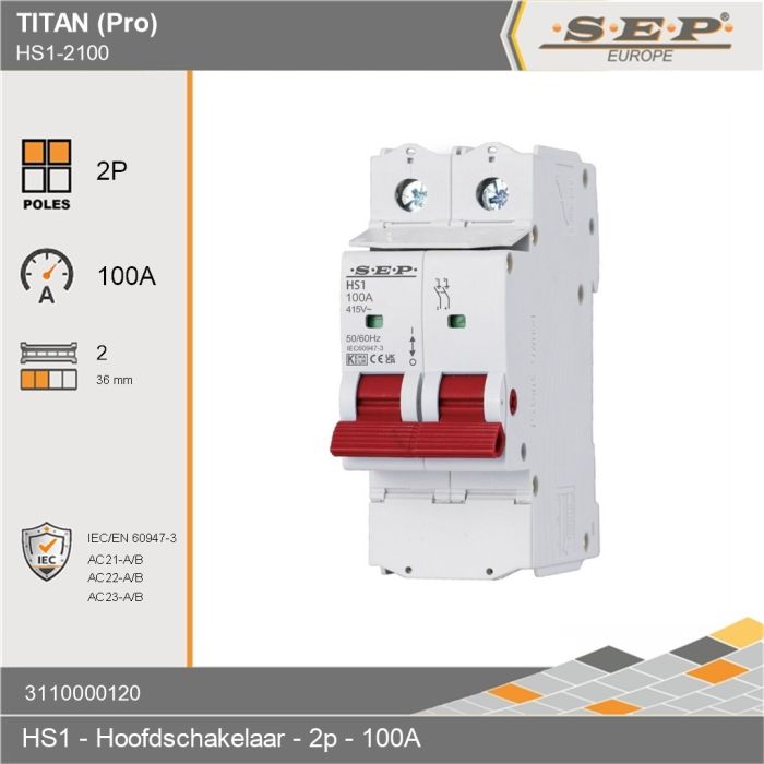 SEP Europe Titan (Pro) HS2 2-polige hoofdschakelaar 100A met rode bedieningshendel, 2 modules (36 mm)