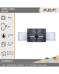 SEP Livion DB-124E groepenkast met transparante deur en voorzien van technische gegevens