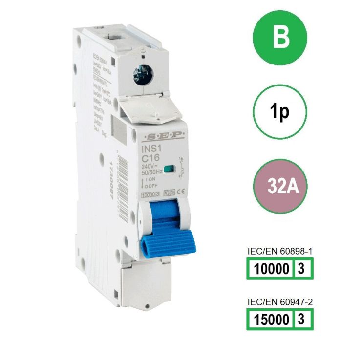 SEP INS1-1B32 installatieautomaat 1-polig 32A B-karakteristiek met verzegelbare aansluitafdekking