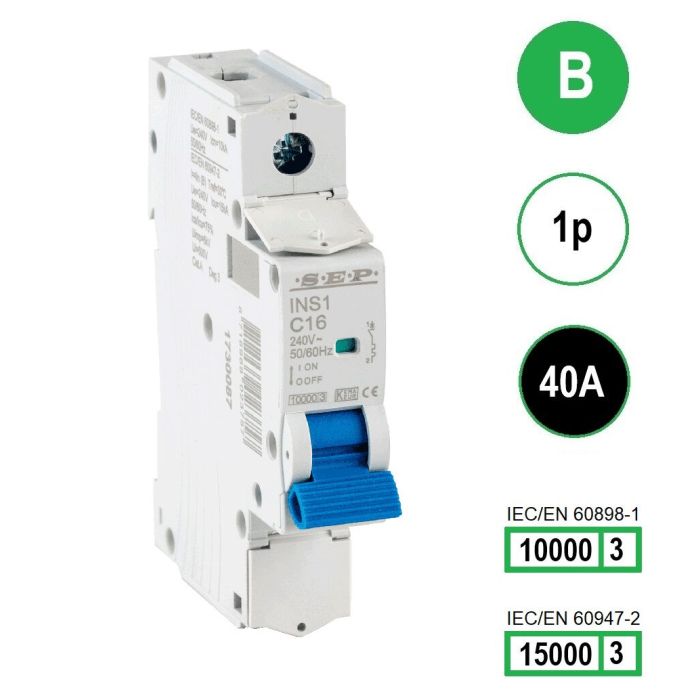 SEP INS1-1B40 installatieautomaat 1-polig 40A B-karakteristiek met verzegelbare aansluitafdekking