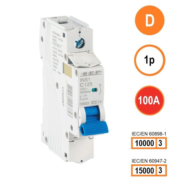 SEP INS1-1D100 installatieautomaat 1-polig 100A D-karakteristiek met verzegelbare aansluitafdekking