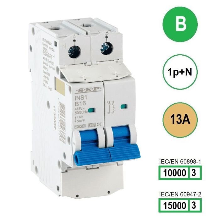 SEP INS1-1NB13 installatieautomaat 1-polig + nul 13A B-karakteristiek met verzegelbare aansluitafdekking