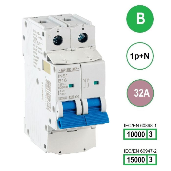 SEP INS1-1NB32 installatieautomaat 1-polig + nul 32A B-karakteristiek met verzegelbare aansluitafdekking