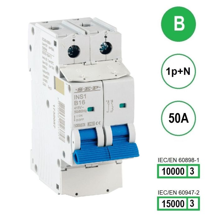 SEP INS1-1NB50 installatieautomaat 1-polig + nul 50A B-karakteristiek met verzegelbare aansluitafdekking