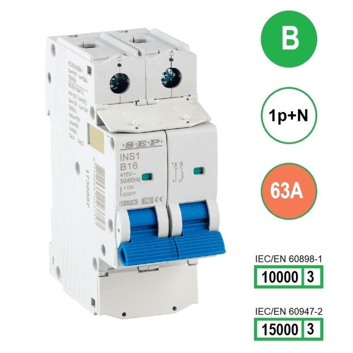 SEP INS1-1NB63 installatieautomaat 1-polig + nul 63A B-karakteristiek met verzegelbare aansluitafdekking