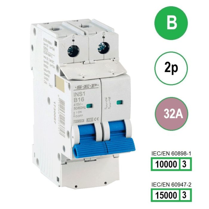 SEP INS1-2B32 installatieautomaat 2-polig 32A B-karakteristiek met verzegelbare aansluitafdekking