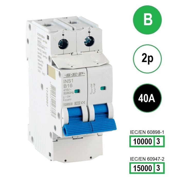 SEP INS1-2B40 installatieautomaat 2-polig 40A B-karakteristiek met verzegelbare aansluitafdekking
