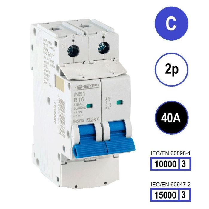 SEP INS1-2C40 installatieautomaat 2-polig 40A C-karakteristiek met verzegelbare aansluitafdekking