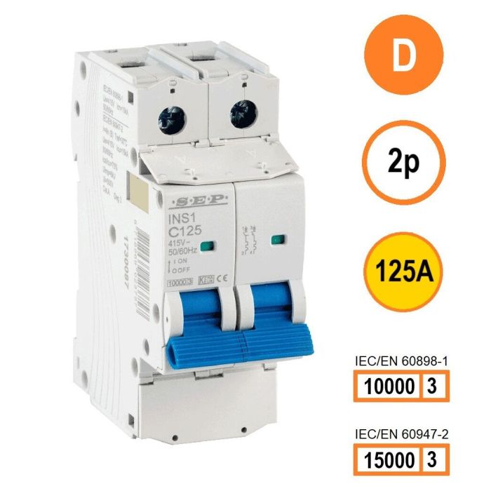 SEP INS1-2D125 installatieautomaat 2-polig 125A D-karakteristiek met verzegelbare aansluitafdekking