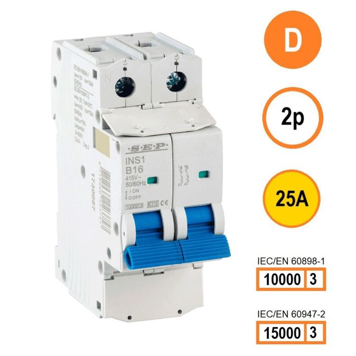 SEP INS1-2D25 installatieautomaat 2-polig 25A D-karakteristiek met verzegelbare aansluitafdekking