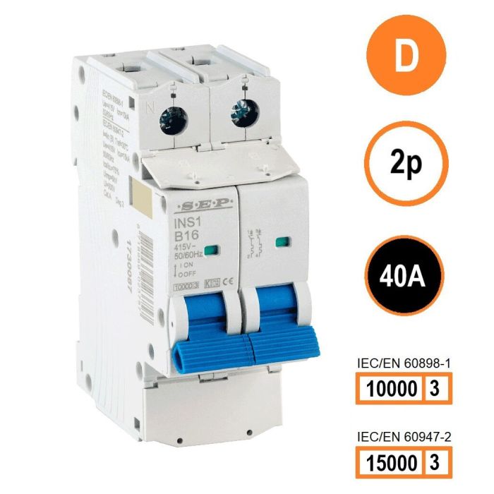 SEP INS1-2D40 installatieautomaat 2-polig 40A D-karakteristiek met verzegelbare aansluitafdekking
