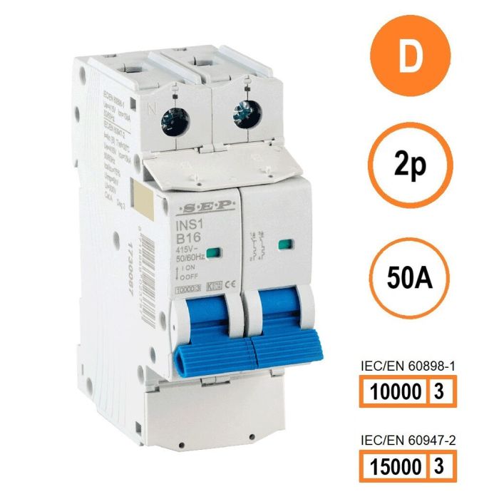 SEP INS1-2D50 installatieautomaat 2-polig 50A D-karakteristiek met verzegelbare aansluitafdekking