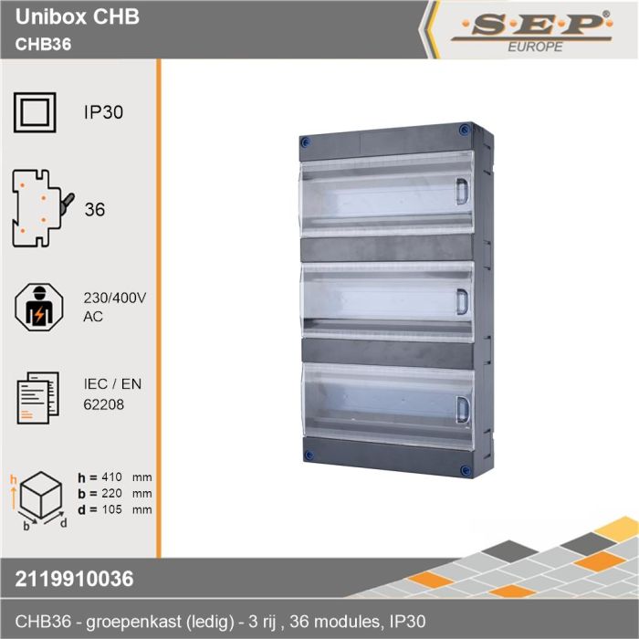 SEP UniBox CHB36 groepenkast – Lege kast met montagerail – 3 rijen 36 modulen - technische details