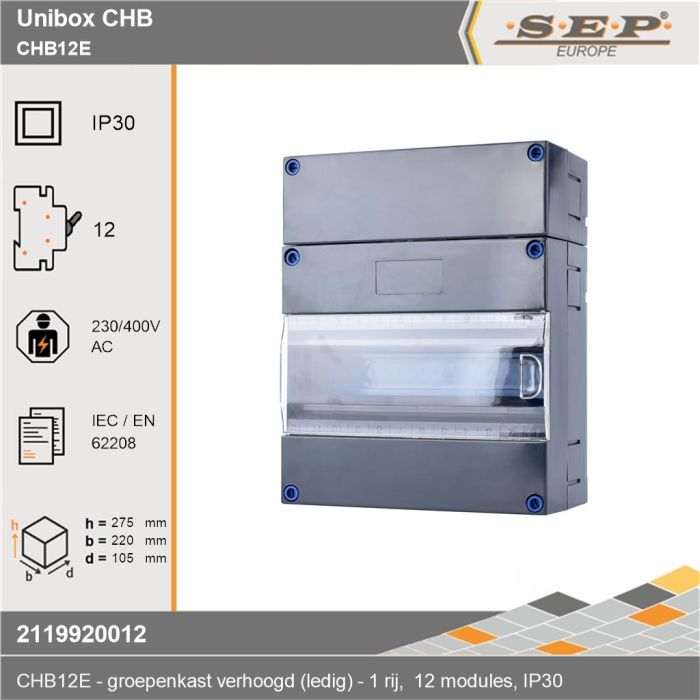 SEP CHB12E groepenkast – Lege kast met montagerail – 1 rijen 12 modulen - technische details