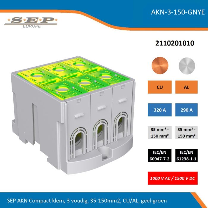 SEP AKN-3-150-GNYE compacte aansluitklem 3-voudig, geschikt voor koper en aluminium 35-150 mm², geel-groen – 1000 V AC / 1500 V DC, artikel 2110201010