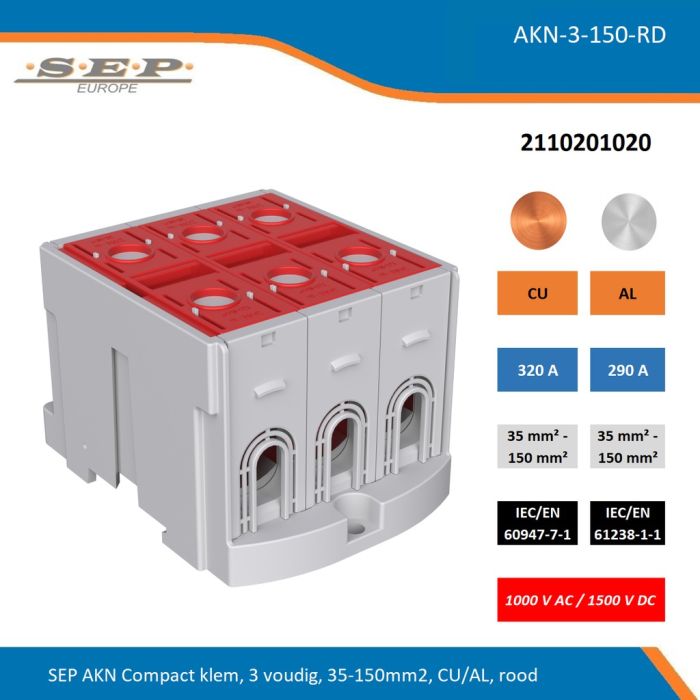 SEP AKN-3-150-RD compacte aansluitklem 3-voudig, geschikt voor koper en aluminium 35-150 mm², rood – 1000 V AC / 1500 V DC, artikel 2110201020
