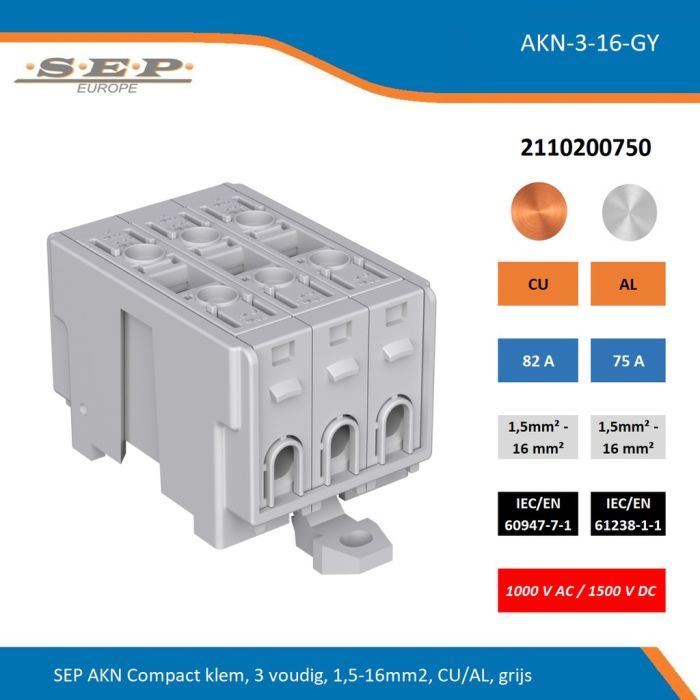 SEP AKN-3-16-GY compacte aansluitklem 3-voudig, geschikt voor koper en aluminium 1,5-16 mm², grijs – 1000 V AC / 1500 V DC, artikel 2110200750