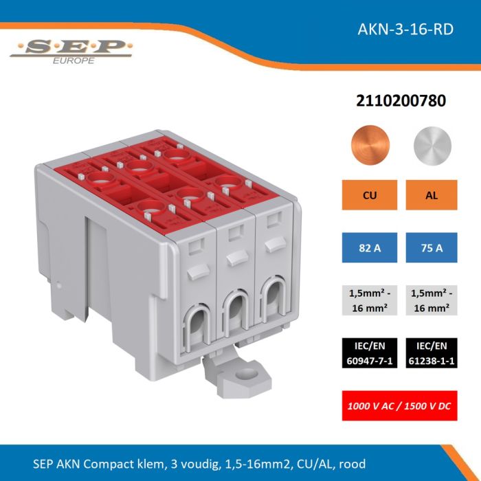 SEP AKN-3-16-RD compacte aansluitklem 3-voudig, geschikt voor koper en aluminium 1,5-16 mm², rood – 1000 V AC / 1500 V DC, artikel 2110200780