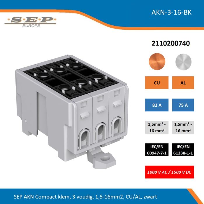 SEP AKN-3-16-BK compacte aansluitklem 3-voudig, geschikt voor koper en aluminium 1,5-16 mm², zwart – 1000 V AC / 1500 V DC, artikel 2110200740
