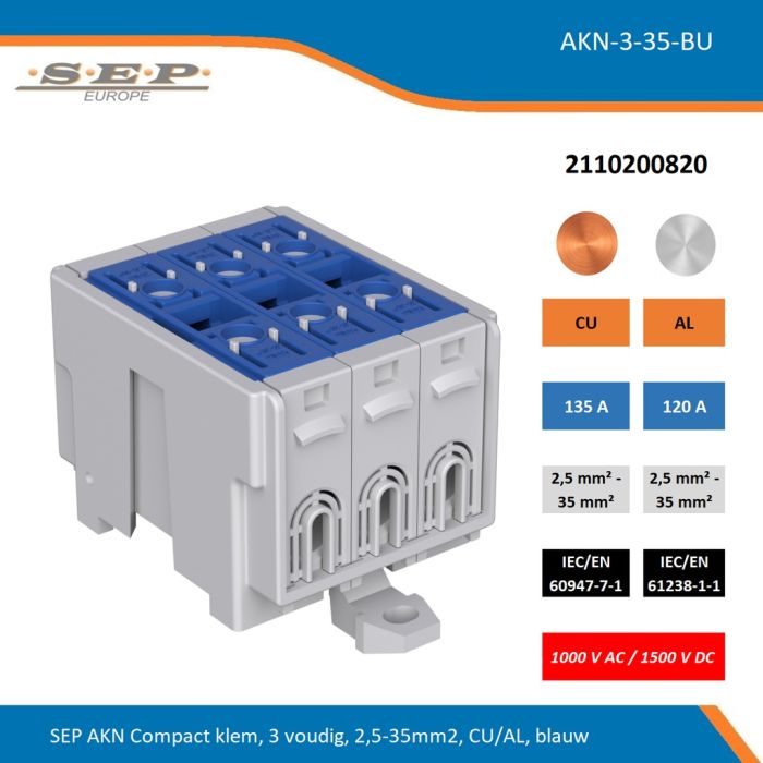 SEP AKN-3-35-BU compacte aansluitklem 3-voudig, geschikt voor koper en aluminium 2,5-35 mm², blauw – 1000 V AC / 1500 V DC, artikel 2110200820