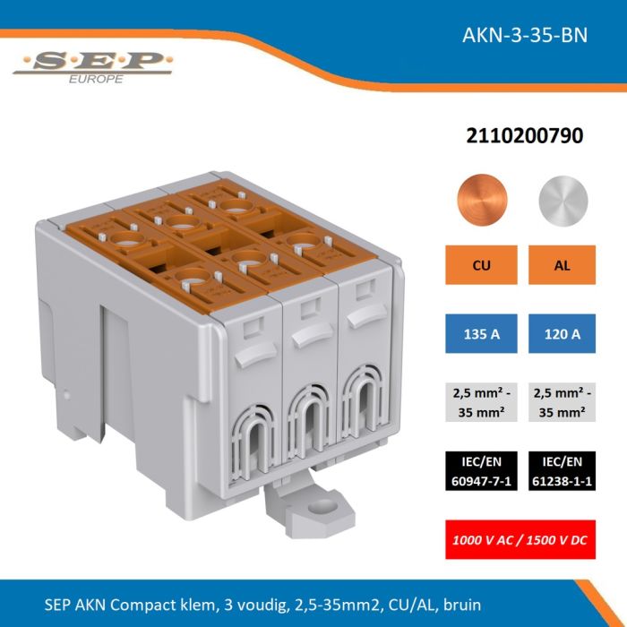 SEP AKN-3-35-BN compacte aansluitklem 3-voudig, geschikt voor koper en aluminium 2,5-35 mm², bruin – 1000 V AC / 1500 V DC, artikel 2110200790
