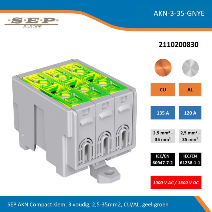 SEP AKN-3-35-GNYE compacte aansluitklem 3-voudig, geschikt voor koper en aluminium 2,5-35 mm², geel-groen – 1000 V AC / 1500 V DC, artikel 2110200830