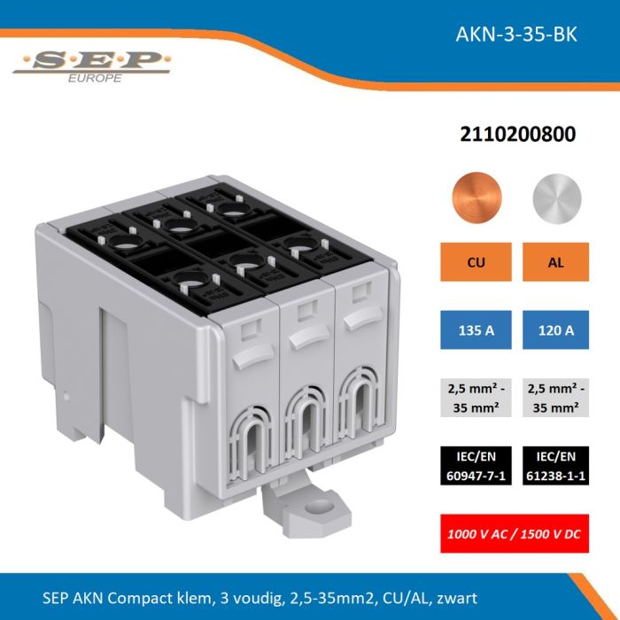 SEP AKN-3-35-BK compacte aansluitklem 3-voudig, geschikt voor koper en aluminium 2,5-35 mm², zwart – 1000 V AC / 1500 V DC, artikel 2110200800