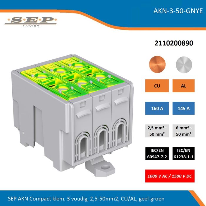 SEP AKN-3-50-GNYE compacte aansluitklem 3-voudig, geschikt voor koper en aluminium 2,5-50 mm², geel-groen – 1000 V AC / 1500 V DC, artikel 2110200890