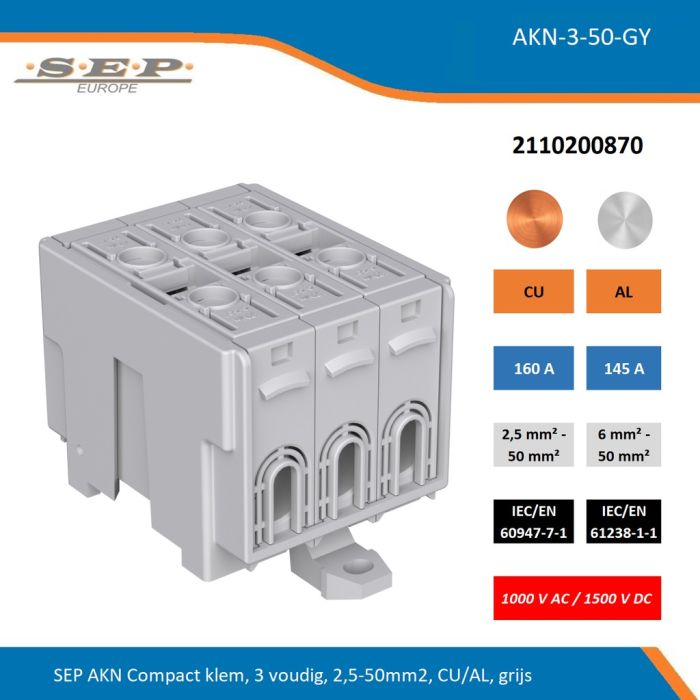 SEP AKN-3-50-GY compacte aansluitklem 3-voudig, geschikt voor koper en aluminium 2,5-50 mm², grijs – 1000 V AC / 1500 V DC, artikel 2110200870