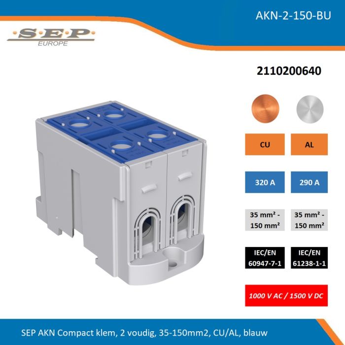 SEP AKN-2-150-BU compacte aansluitklem 2-voudig, geschikt voor koper en aluminium 35-150 mm², blauw – 1000 V AC / 1500 V DC, artikel 2110200640